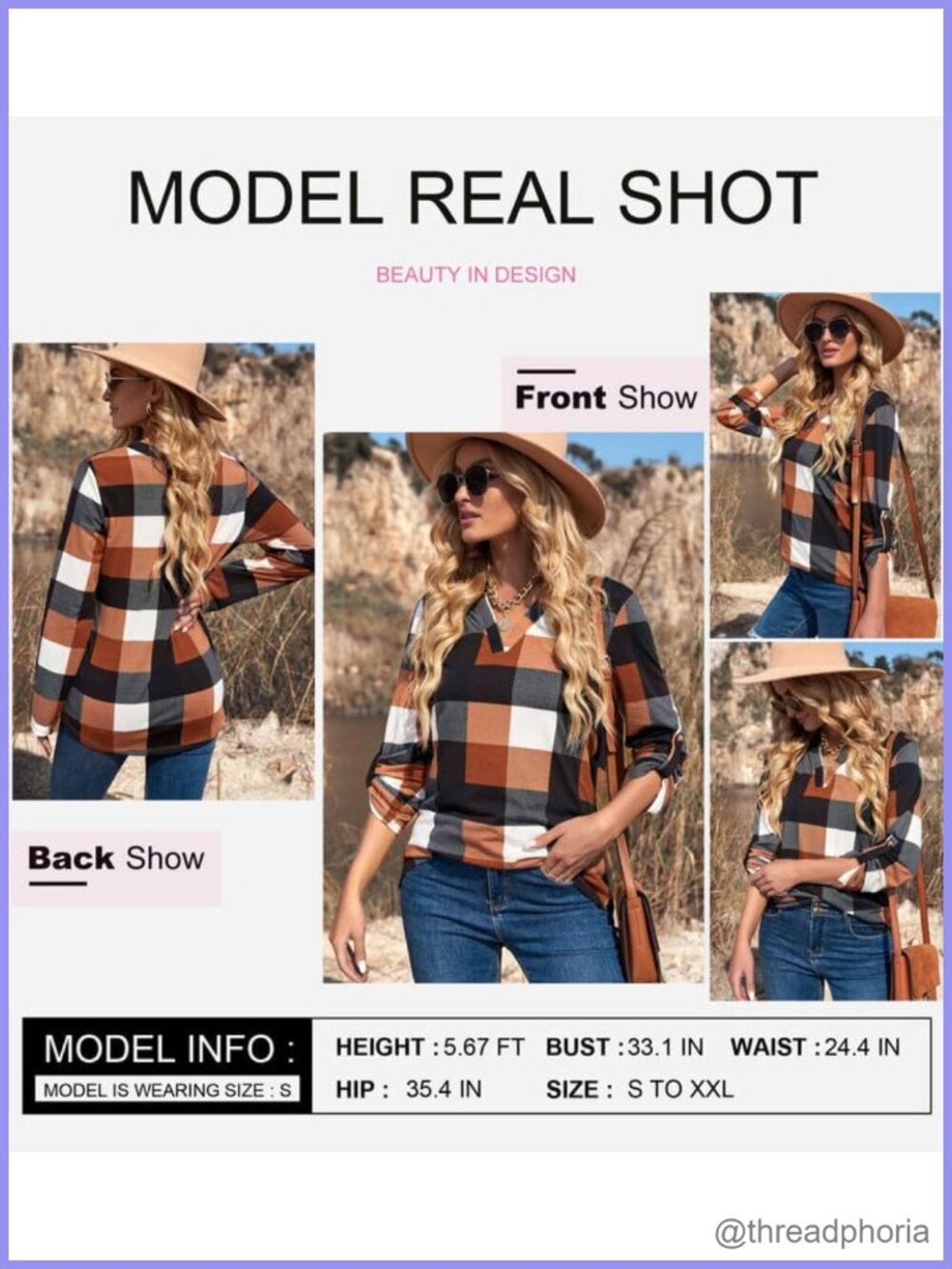 Womens Plaid Button-Down Shirt 3/4 Sleeve V-Neck High-Low Tunic Blouse - Picture 5 of 6